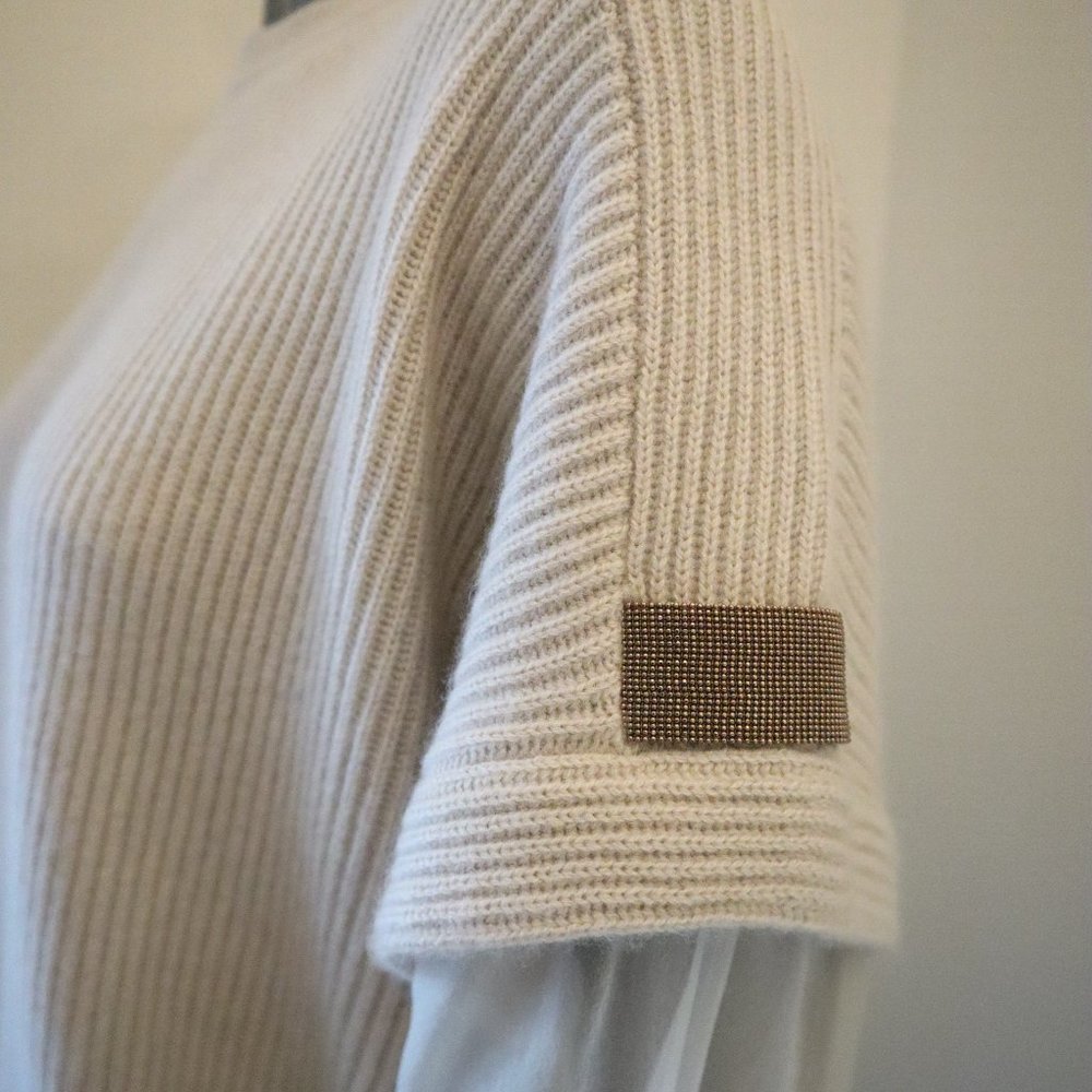 Brunello Cucinelli Cashmere Sweater Monili Beige Shear Sleeves Size X-Large New - Picture 2 of 10